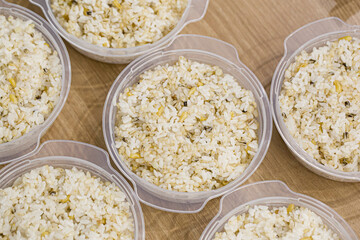 Barley mixed grain rice in a plastic container