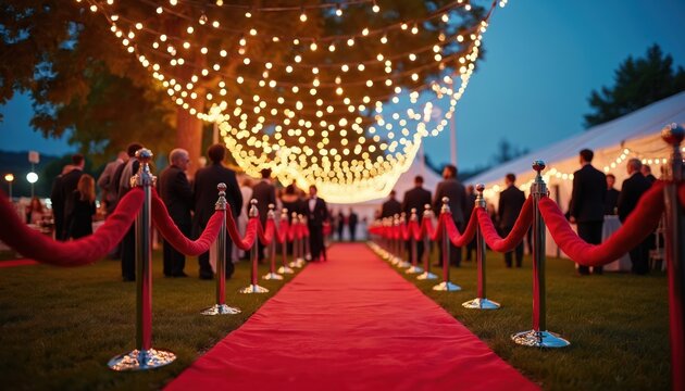 Red carpet event outdoors at night, illuminated by decorative string lights. Guests in formal attire walk on grass towards white tent venue. Velvet ropes guide attendees, creating atmosphere of