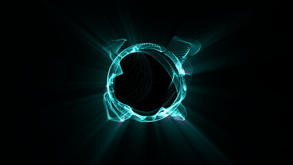 Glowing abstract futuristic blue energy sphere made of flowing particle dots and dynamic neon waves on dark background. Digital sci-fi light circle with spark beams. Modern tech concept.