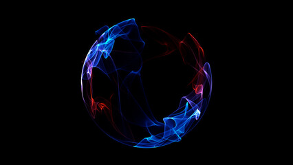 Glowing abstract blue and red energy sphere with smooth transparent light wave motion on dark background. Futuristic digital plasma shape with neon lines and elegant flow.