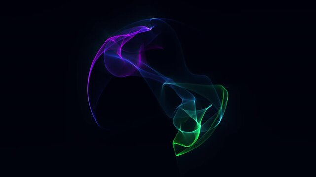 Colorful glowing abstract sphere made of smooth flowing plasma lines with pink, green and blue energy on dark background. Futuristic sci-fi digital wave form in perfect circular shape.