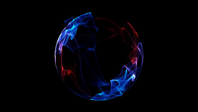 Glowing abstract blue and red energy sphere with smooth transparent light wave motion on dark background. Futuristic digital plasma shape with neon lines and elegant flow.