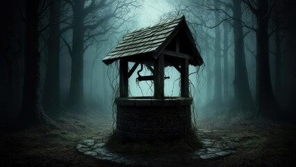 An old well in a misty forest