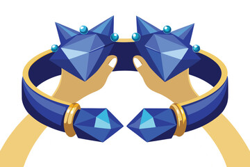 Hands Holding a Blue Gemstone Bracelet with Gold Accents and Crystal Points on White Background