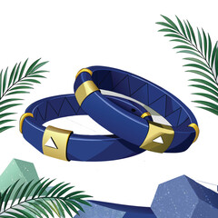 Pair of Blue and Gold Bangles with Geometric Accents and Palm Leaves bracelets