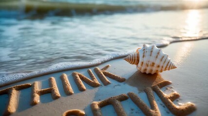 Inspirational Word Think Positive Written on Sandy Beach beside Seashell and Ocean Waves