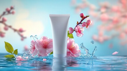 blank skincare product placed on sparkling water with flowers,branches,against clean, minimal dreamy background in soft Rococo pastel tones,detailed product shooting elegance purity skincare concept