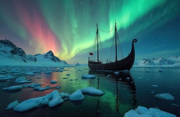 Viking longship navigates icy waters beneath vibrant Aurora Borealis. Snow-covered mountains border frozen sea. Ship sails under colorful night sky. Arctic exploration adventure.