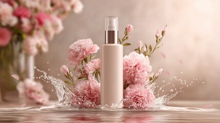 blank skincare product placed on sparkling water with flowers,branches,against clean, minimal dreamy background in soft Rococo pastel tones,detailed product shooting elegance purity skincare concept