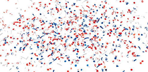 Festive confetti background with red, white, and blue circles and ribbons. Perfect for celebrations and holidays.