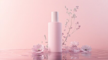 blank skincare product placed on sparkling water with flowers,branches,against clean, minimal dreamy background in soft Rococo pastel tones,detailed product shooting elegance purity skincare concept