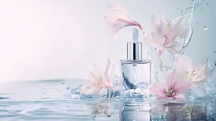 blank skincare product placed on sparkling water with flowers,branches,against clean, minimal dreamy background in soft Rococo pastel tones,detailed product shooting elegance purity skincare concept