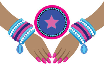 Two brown hands adorned with colorful bangles and pink nails with a blue and pink star emblem