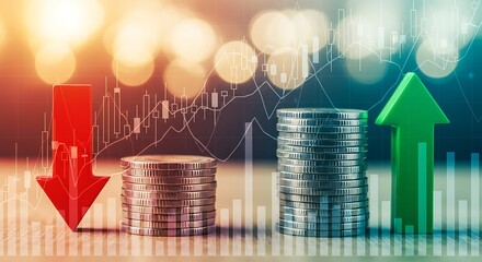 Financial growth success with rising stock market coins and arrows