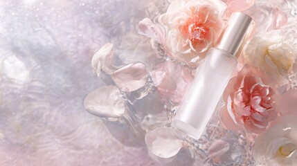blank skincare product placed on sparkling water with flowers,branches,against clean, minimal dreamy background in soft Rococo pastel tones,detailed product shooting elegance purity skincare concept