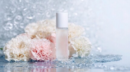 blank skincare product placed on sparkling water with flowers,branches,against clean, minimal dreamy background in soft Rococo pastel tones,detailed product shooting elegance purity skincare concept