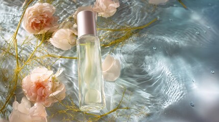 blank skincare product placed on sparkling water with flowers,branches,against clean, minimal dreamy background in soft Rococo pastel tones,detailed product shooting elegance purity skincare concept