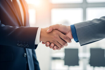 Two businessmen shaking hands in a modern office with sunlight