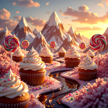 Dreamlike dessert fantasy world with towering cupcake mountains, colorful lollipop trees, and flowing rivers of melted chocolate in surreal candy landscape