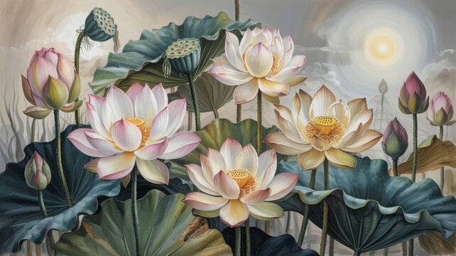 Watercolor painting of lotus flowers with leaves and buds against a soft, dreamy background