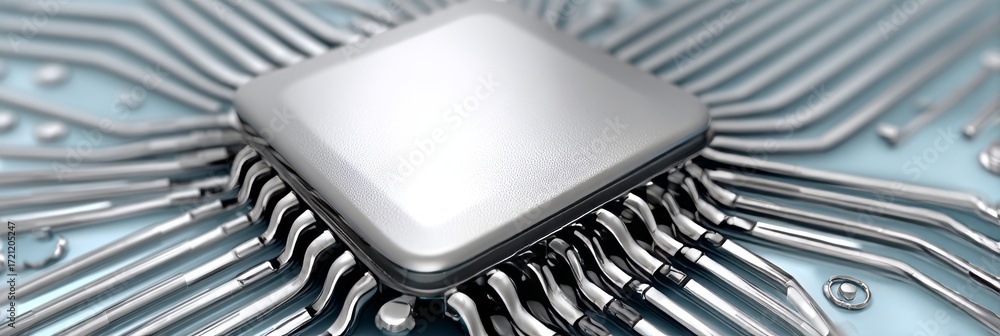 Poster intricate circuitry and silver square microchip connectivity on a light blue background design