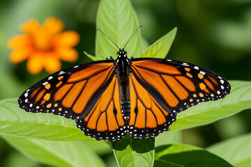 Naklejka premium Monarch butterfly with open wings rests on green leaves with orange flower
