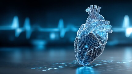 A luminous, wireframe heart rests upon a digital grid, symbolizing the intersection of anatomy and technology, evoking a sense of futuristic medical innovation and vital life force.