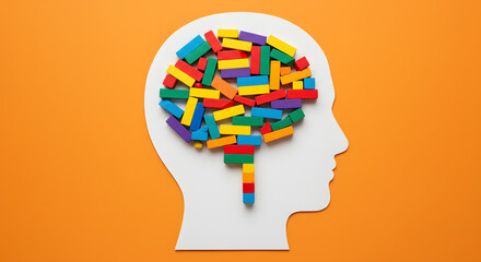 Mental health concept. Human brain made of multi-colored wooden blocks.