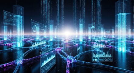 Abstract network of data connections with glowing monitors and data flow