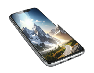 Sleek smartphone angled, displaying a scenic mountain landscape