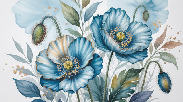 Watercolor painting of blue poppy flowers isolated on white background, a beautiful botanical art