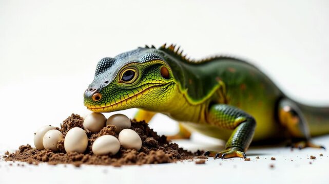 Nile monitor lizard fiercely guards its nest with eggs in natural habitat.