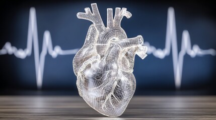 A detailed, wireframe rendering of a human heart is prominently displayed against a blurred background of electrocardiogram lines, symbolizing life and vital functions with a cool, clinical aesthetic.