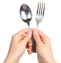 fork and spoon in hand isolated on white background
