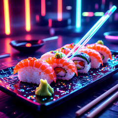 Futuristic Neon Sushi Platter with Glowing Chopsticks and Holographic Wasabi in a Cyberpunk Food Concept Flat Lay