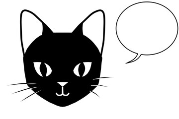 シンプルに描かれた黒猫の顔のベクターイラスト。ひげと鼻と口がモノクロ線画で表現され、アイコンやデザイン素材として使いやすい猫のイラスト｜猫,黒猫,顔,ひげ,鼻,ベクター