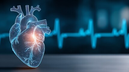 A luminous, wireframe heart illustration glows with a warm inner light, juxtaposed against a blurred electrocardiogram display, symbolizing life, health, and the complexities of the cardiovascular