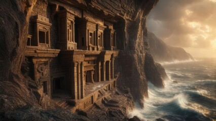 Ancient cliffside structures meet turbulent ocean