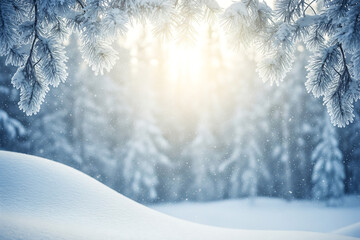 Bright winter sun shining through snow covered pine trees