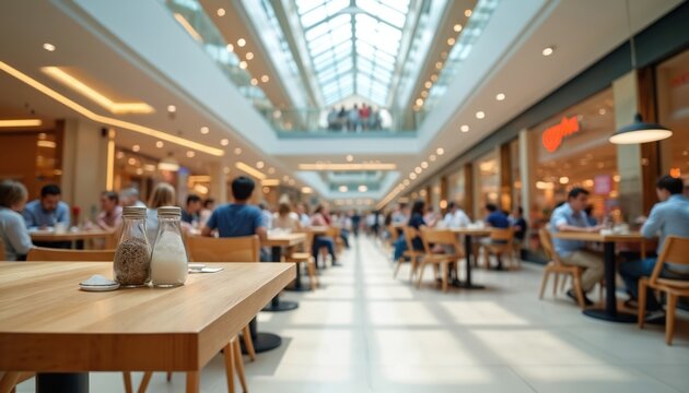 Modern food court inside shopping mall with people dining at tables. Natural light streams through large ceiling windows. Ambience of busy urban leisure space with diverse culinary options, social