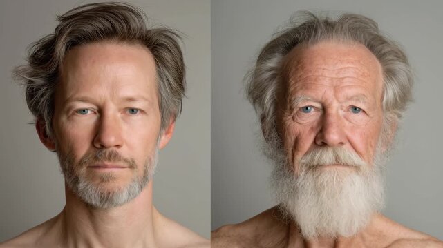 Aging man studio portrait showcasing the transformation from youth to old age with natural expressions in a neutral background setting