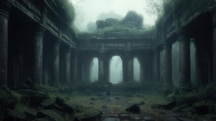 Ancient ruins shrouded in mist