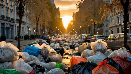 Pile of Garbage Bags on Street Representing Urban Waste Pollution Problem