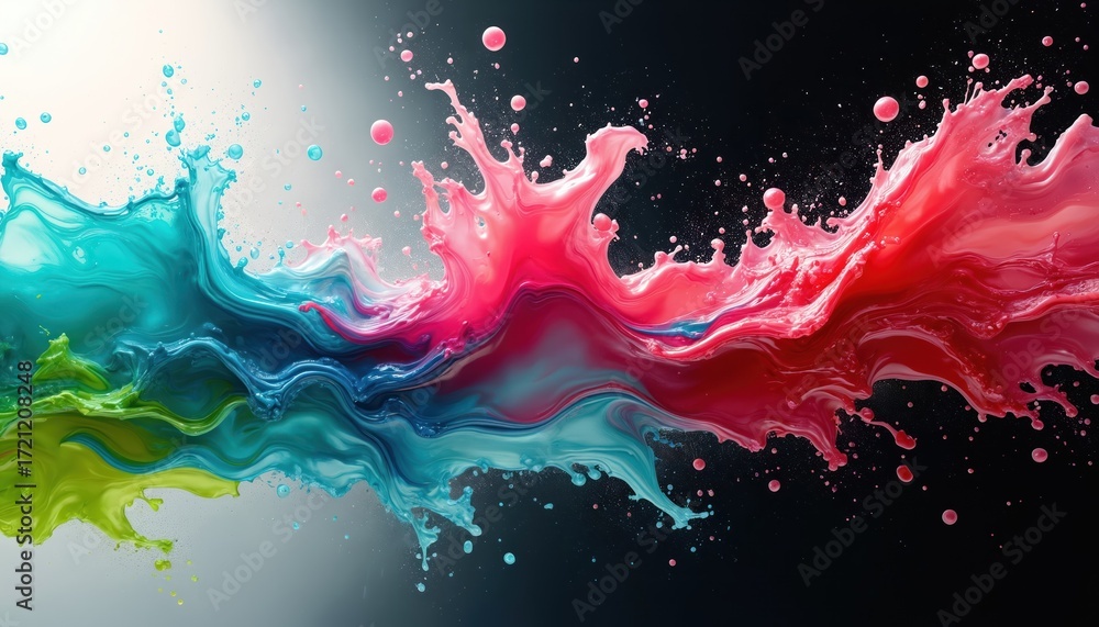 Poster vibrant color flows of green, blue, pink, red splash dynamically. abstract art with fluid paint move