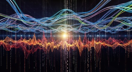 Digital wave forms with numbers cascading down dark background