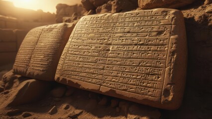 Ancient stone tablets with hieroglyphs in desert
