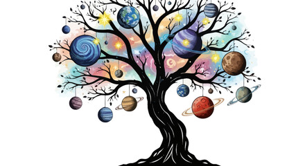 Celestial orchard a whimsical planet tree illustration with radiant planets and stars