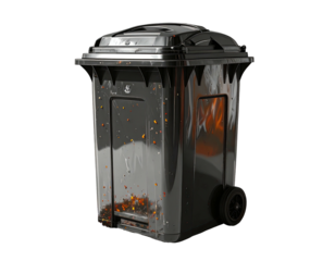 Black plastic trash receptacle with burnt debris