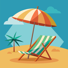 Beach shows chair and umbrella on sand with a palm tree silhouette