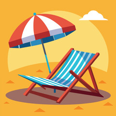 Beach shows a red striped umbrella and blue striped lounge chair on the sand